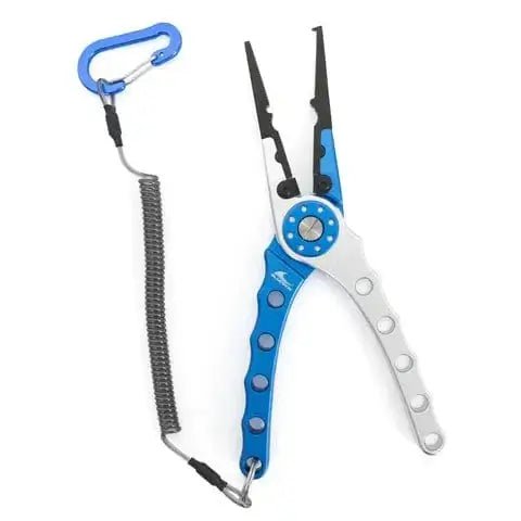 Bluewing 8 Inch Split Ring Pliers with ergonomic handle and coiled wrist strap for fishing.