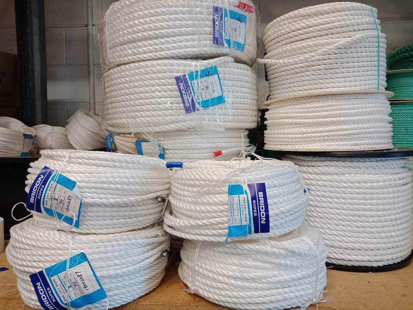 Danline Polypropylene Rope Pack displayed in various lengths and thicknesses in a storage area.