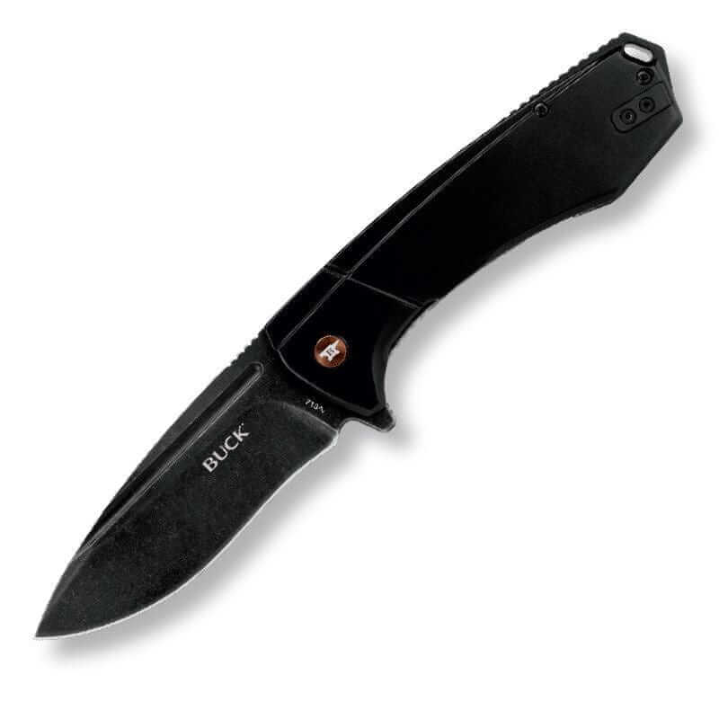 Buck 713 Ruckus Black folding knife with a drop point blade and stonewashed finish.