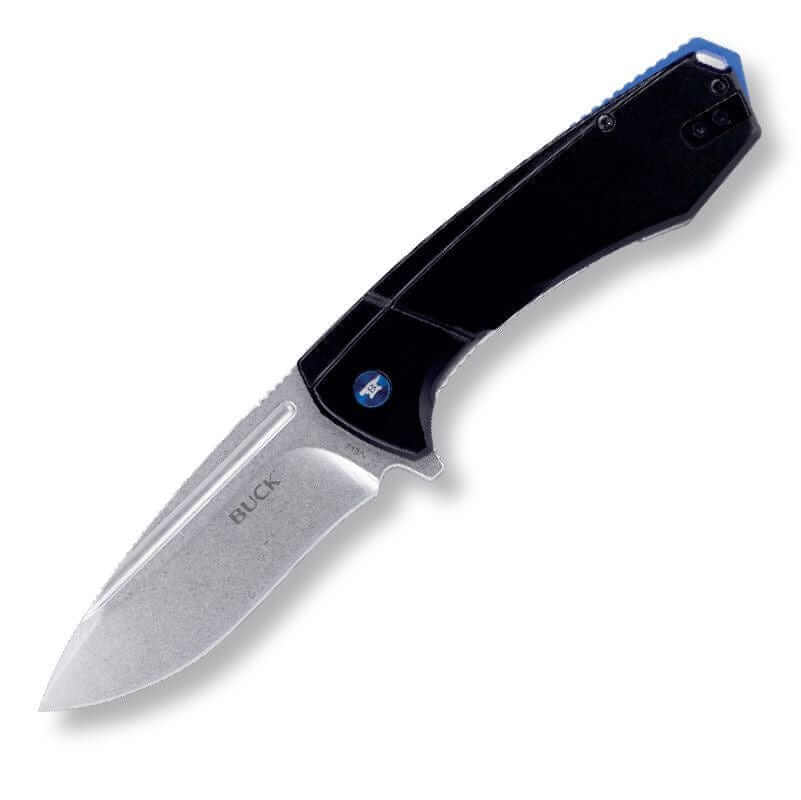 Buck 713 Ruckus Blue folding knife with stonewashed D2 steel blade and durable black handle.