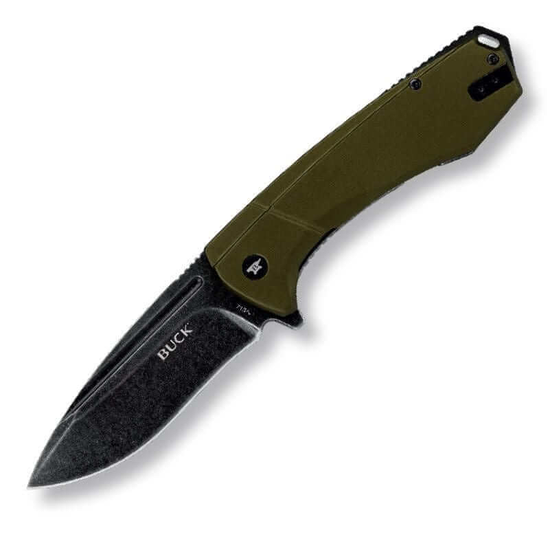 Buck 713 Ruckus Green folding knife with stonewashed drop point blade and olive green frame.