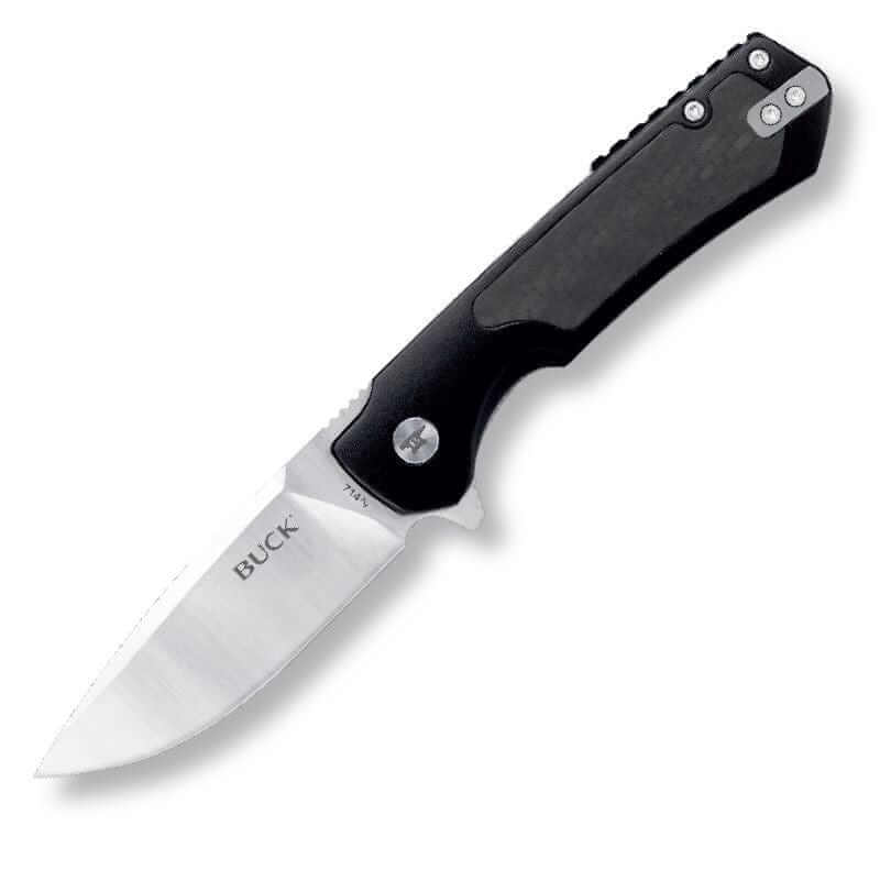 Buck 714 Stinger Black folding knife with black aluminium handle and D2 steel drop point blade.