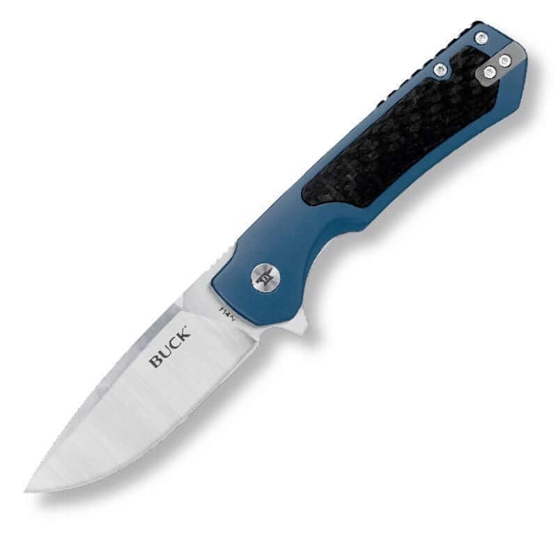 Buck 714 Stinger Blue folding knife with a sleek design and carbon fiber inlays, featuring a 3" drop point blade.