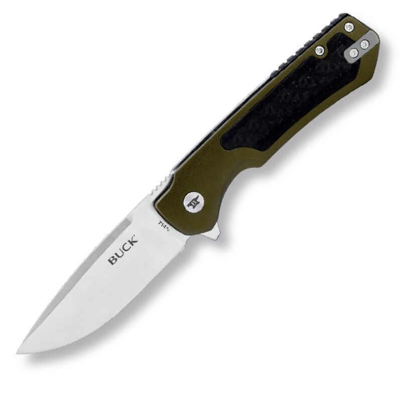 Buck 714 Stinger Green folding knife with drop point blade and carbon fiber inlays.