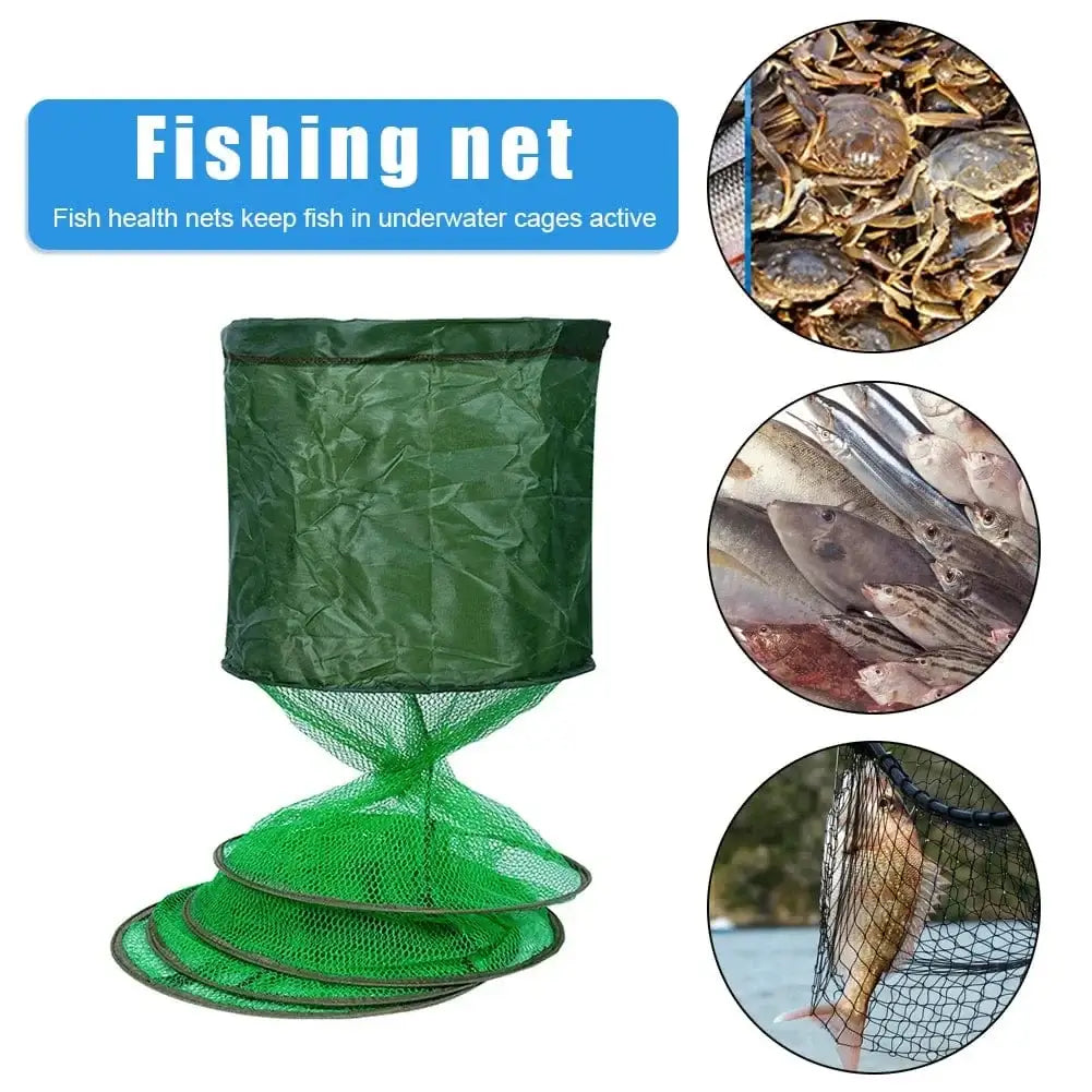 China Action Fishing Nets Portable Nylon Mesh Net Fish Storage Fishing Accessories Steel Ring Folding Fish Cage Fishing Trap Net Fish Basket Tackle