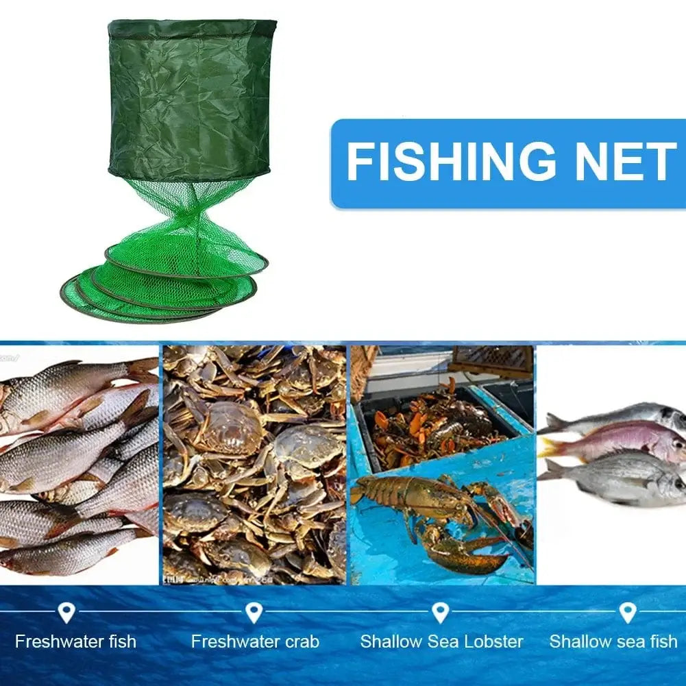 China Action Fishing Nets Portable Nylon Mesh Net Fish Storage Fishing Accessories Steel Ring Folding Fish Cage Fishing Trap Net Fish Basket Tackle