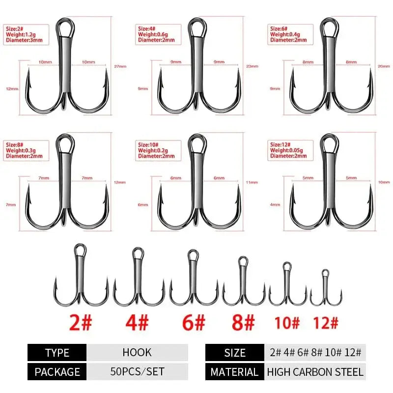 China Action Fishing Nets Shawto 50 PCS/Lot Black High Carbon Treble Hooks Super Sharp Solid Size 2#-12# Triple Barbed Steel Fish Hook Fishing Accessories