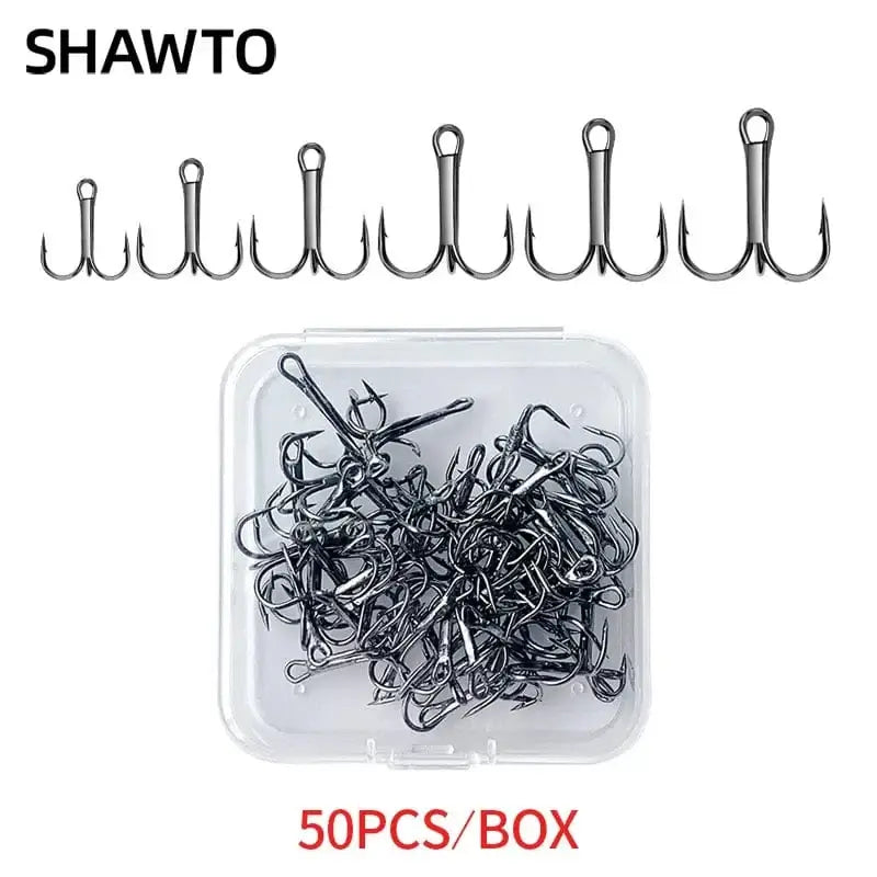 China Action Fishing Nets Shawto 50 PCS/Lot Black High Carbon Treble Hooks Super Sharp Solid Size 2#-12# Triple Barbed Steel Fish Hook Fishing Accessories