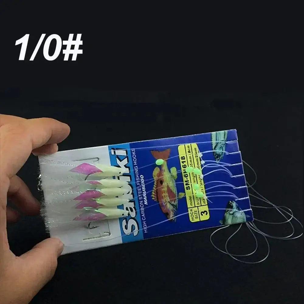 China China 1-0 5Pcs Fishing Sabiki Samodur Rigs Baits Luminous Japan Luminous Japan Glow Bead Feather Fish Skin String Hooks Saltwater