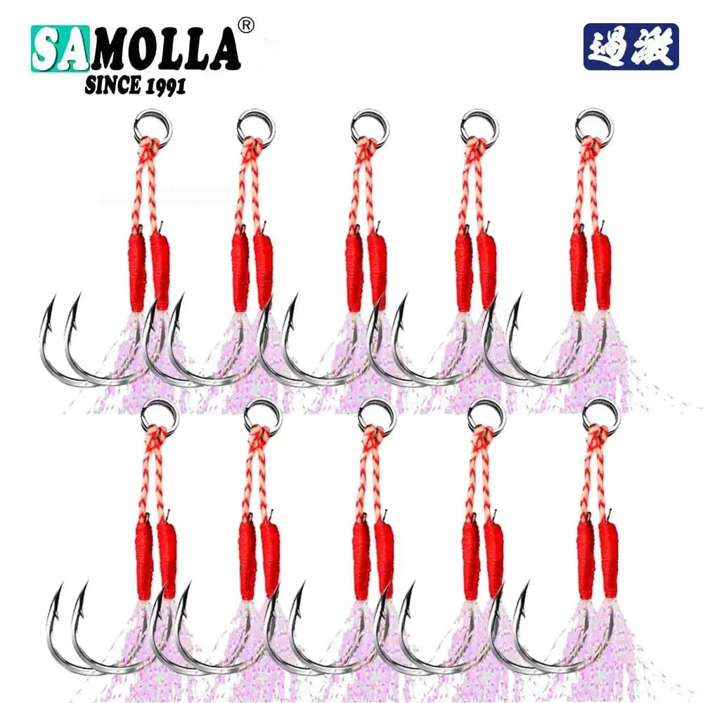 China China 10 Pair silver hook / 13 10pair/lot Fishing Hook Jig Double PairHooks Barbed Thread Feather Accessories Pesca High Carbon Steel Fishing Lure Slow Jigging