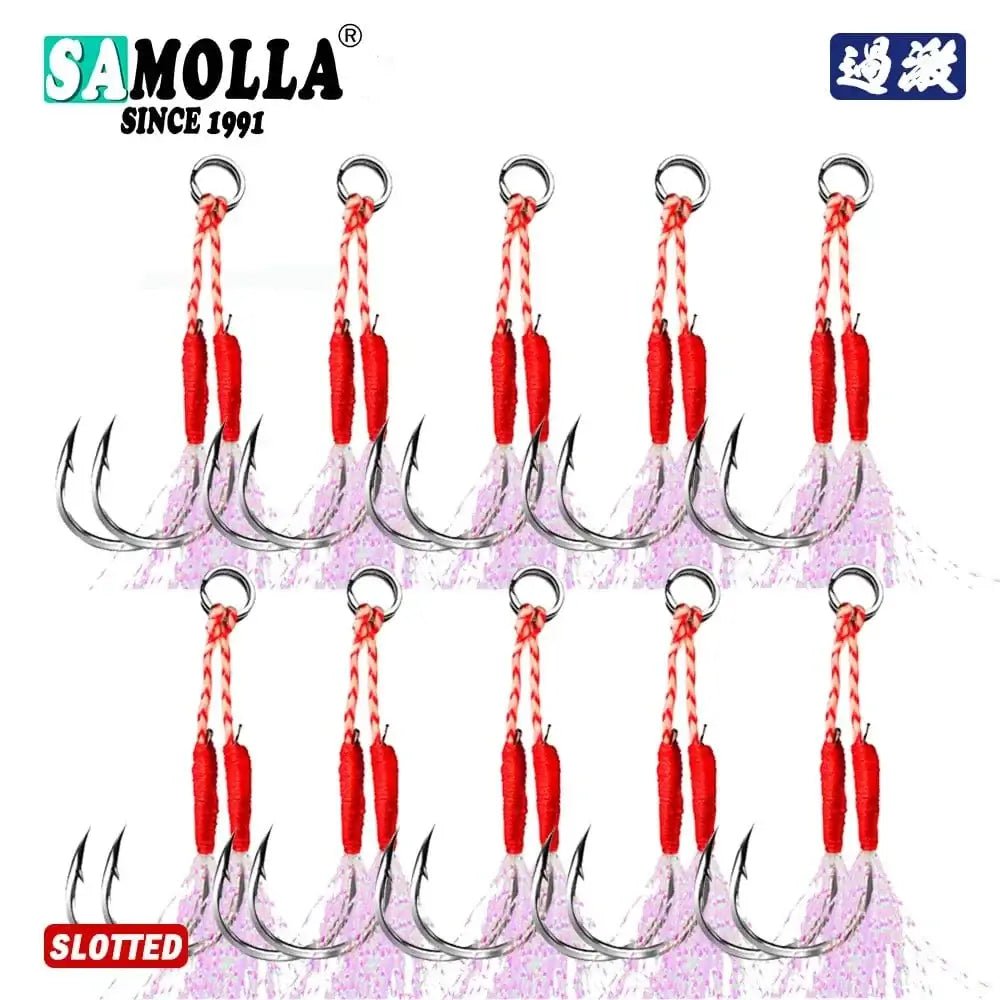 China China 10 Pair Slotted hook / 24 10pair/lot Fishing Hook Jig Double PairHooks Barbed Thread Feather Accessories Pesca High Carbon Steel Fishing Lure Slow Jigging