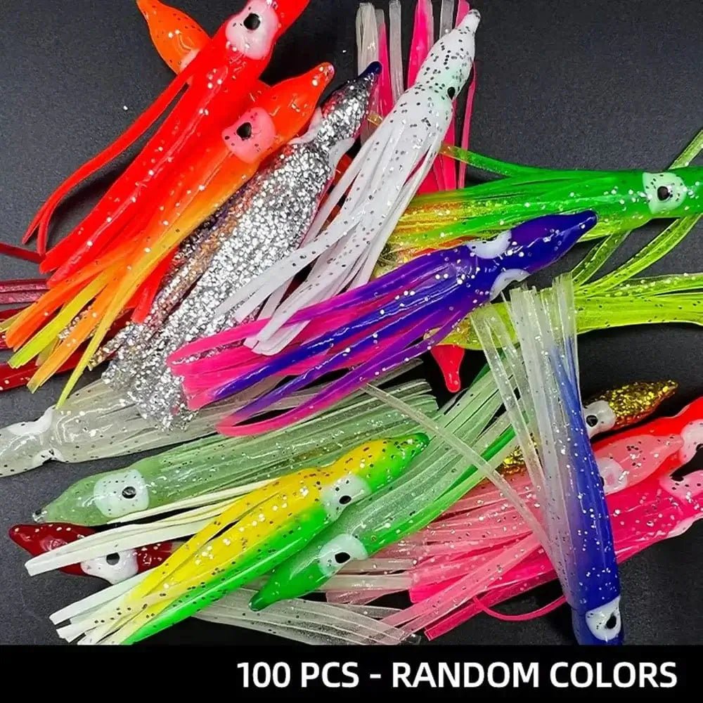 China China 100pcs / 7CM 50/100PCS 5-12cm Mixed Color Squid Fishing Lure Luminous Squid Skirt Soft Bait for Sea Bass Salmon Trou 