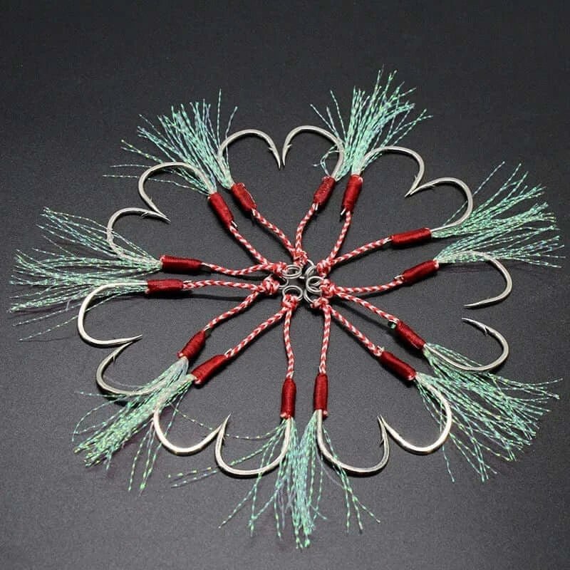 China China 10pair/lot Fishing Hook Jig Double PairHooks Barbed Thread Feather Accessories Pesca High Carbon Steel Fishing Lure Slow Jigging