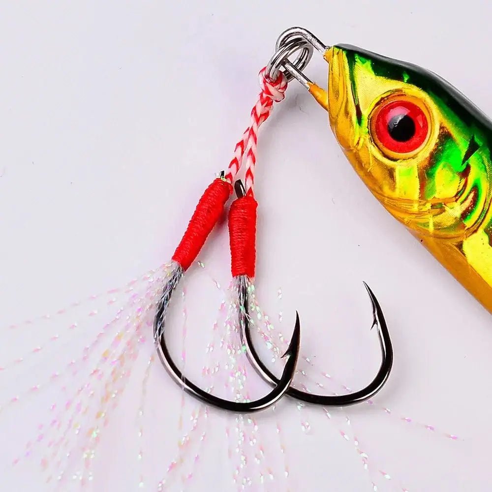 China China 10pair/lot Fishing Hook Jig Double PairHooks Barbed Thread Feather Accessories Pesca High Carbon Steel Fishing Lure Slow Jigging