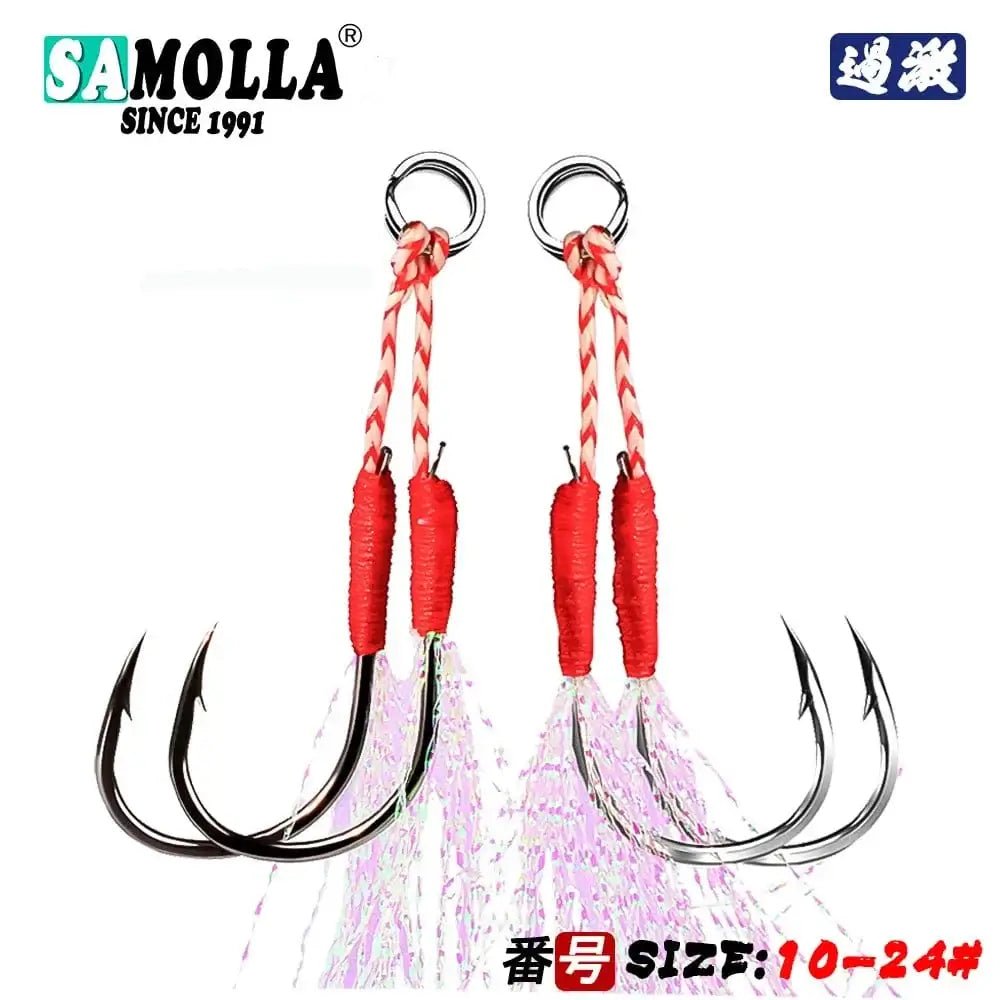 China China 10pair/lot Fishing Hook Jig Double PairHooks Barbed Thread Feather Accessories Pesca High Carbon Steel Fishing Lure Slow Jigging