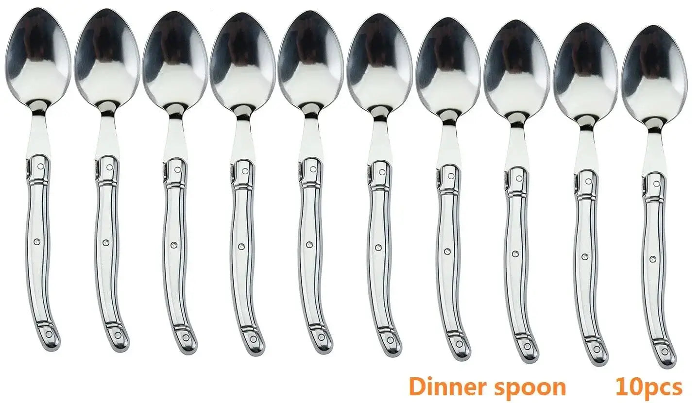 China China 10pcs spoon 9" Stainless Steel Laguiole Steak Knife set Dinner Fork Spoon Teaspoon Silver Dinnerware Tableware Restaurant Cutlery 4-12pcs