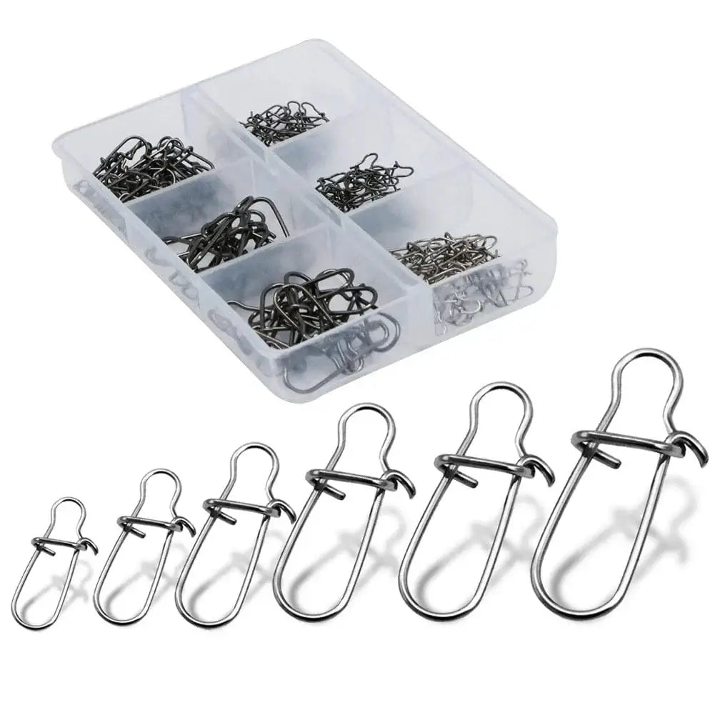 China China 120 pcs 1 box 120pcs/box 6 Size Snap Stainless Steel Hook Lock Pin Swivel Solid Ring Safety Snaps Fishing Hooks Connector Fishing Tackle Tool