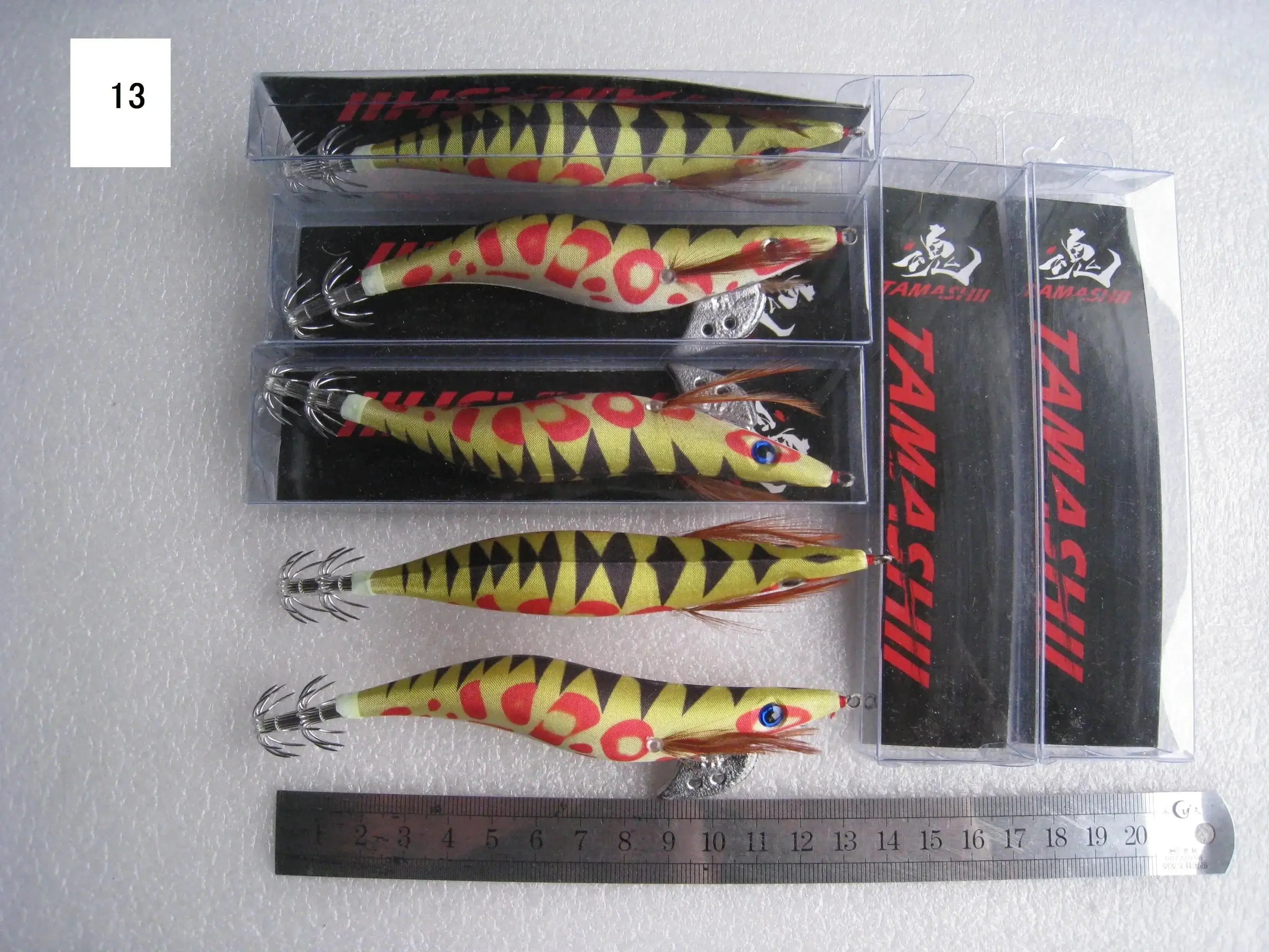 China China 13 / 2.5 20pcs 3.5# squid jigs (13.5cm 20g)squid hook fishing lure ,jig bait, wood shrimp.fishingtackle .