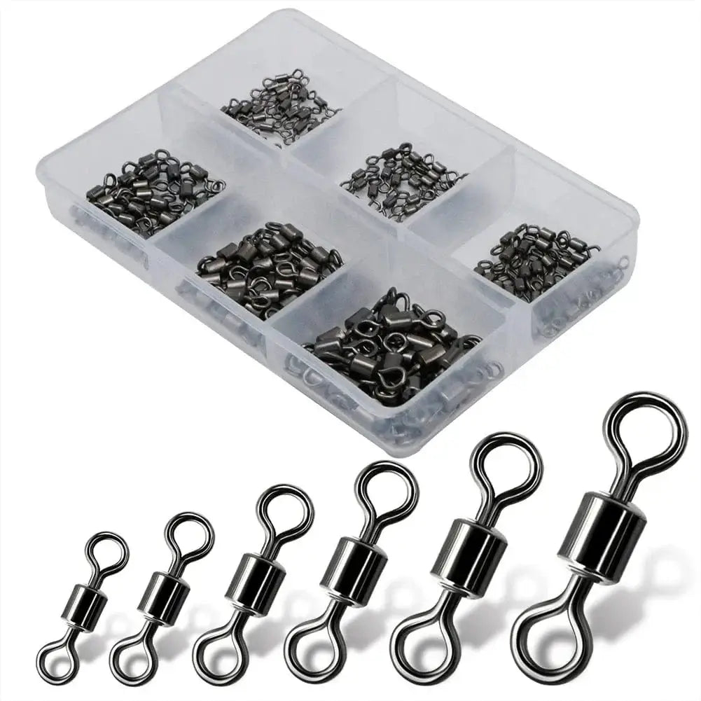 China China 150 pcs 1 box 150pcs/1box 6 Size Fishing Swivel Solid Connector Ball Bearing Snap Fishing Swivels Rolling Stainless Steel Bead Fish Tackle Box