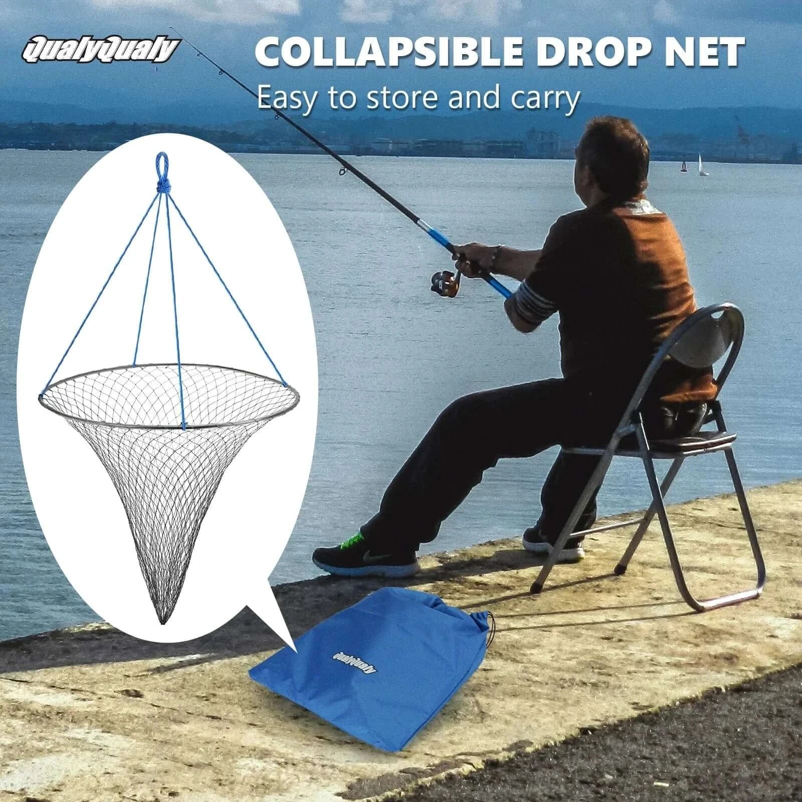 China China 2 Pcs Foldable Drop Net Bridge Pier Fishing Net for Pier Fishing with Rope Landing Net with Durable Soft Steel Hoop Nylon Mesh