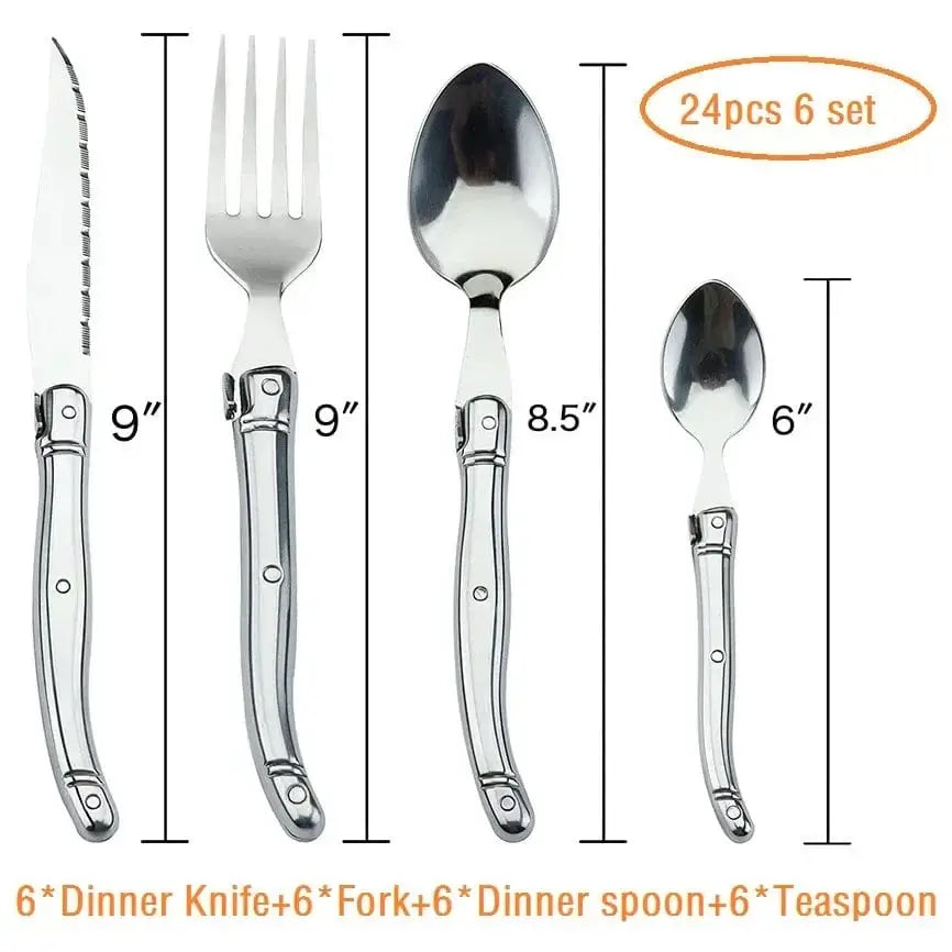 China China 24pcs 6 set 9" Stainless Steel Laguiole Steak Knife set Dinner Fork Spoon Teaspoon Silver Dinnerware Tableware Restaurant Cutlery 4-12pcs
