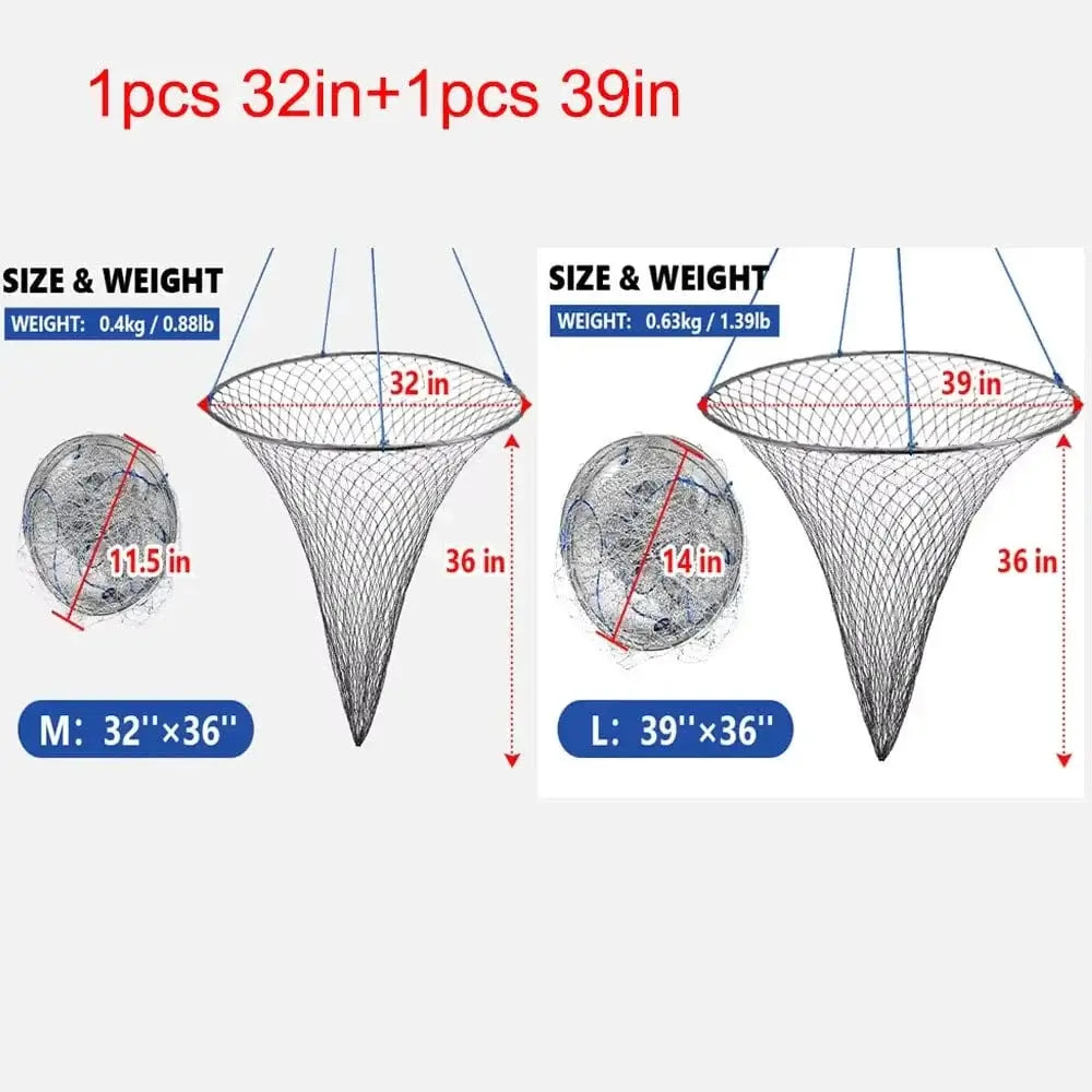 China China 32in and 39in 2 Pcs Foldable Drop Net Bridge Pier Fishing Net for Pier Fishing with Rope Landing Net with Durable Soft Steel Hoop Nylon Mesh