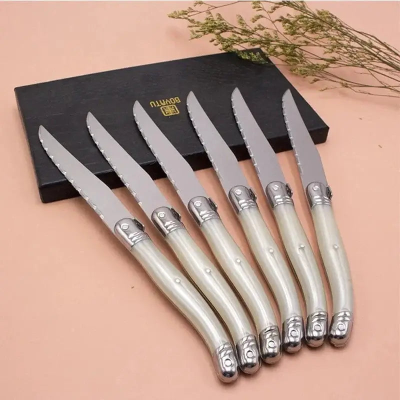 China China 4pcs 4/6/10/12pcs Laguiole Steak Knife set Pear White Plastic Handle Table Knives 9in 23.5cm Dinner Knifes Household Cutlery Flatware