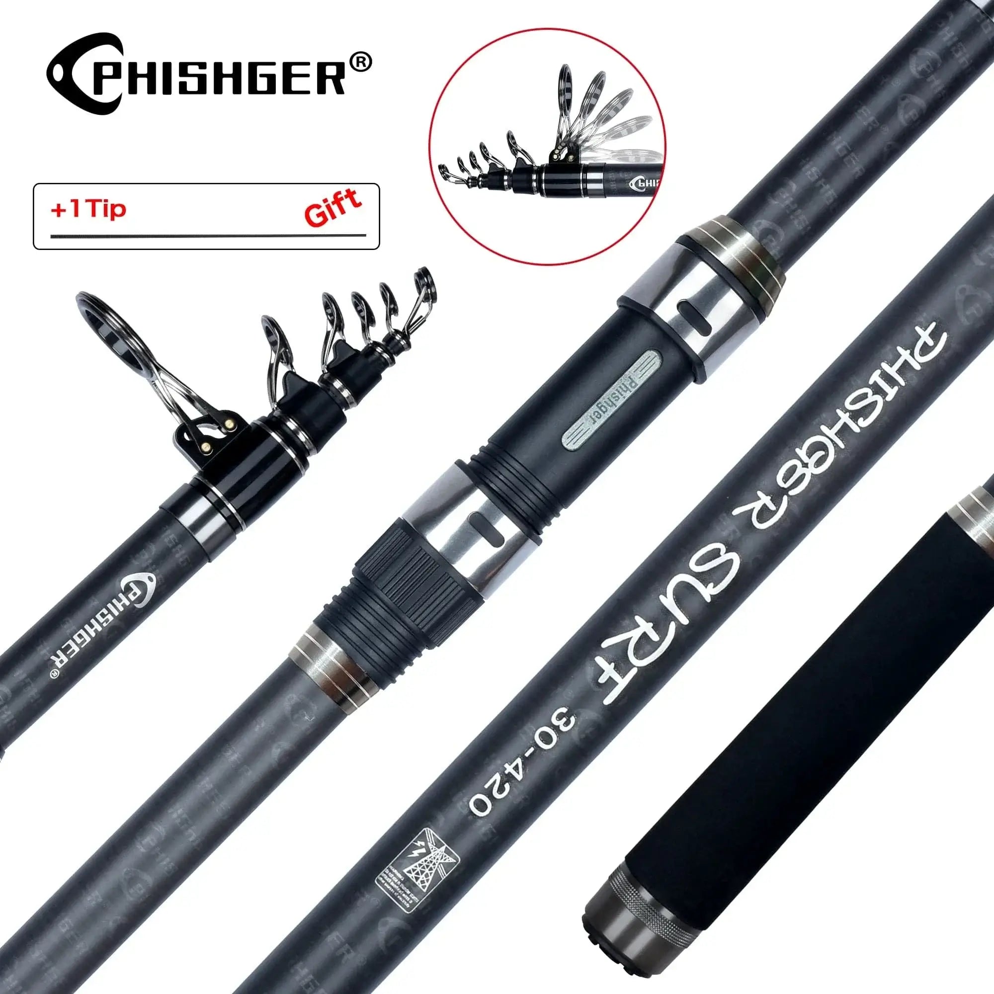 China China 5.0m PHISHGER Telescopic Surf Spinning Rod 3.6/4.2/4.5/5.0/5.3m Power80-150g 30T Carbon Travel Surfcasting Shore Casting Fishing Pole
