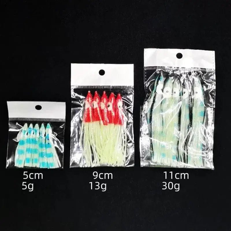 China China 5-pieces Luminous Squid Skirts Soft Lure 5cm/9cm/11cm Artificial Bait Lures Octopus Wobblers Tuna Kingfish Sailfish Marlin Baits