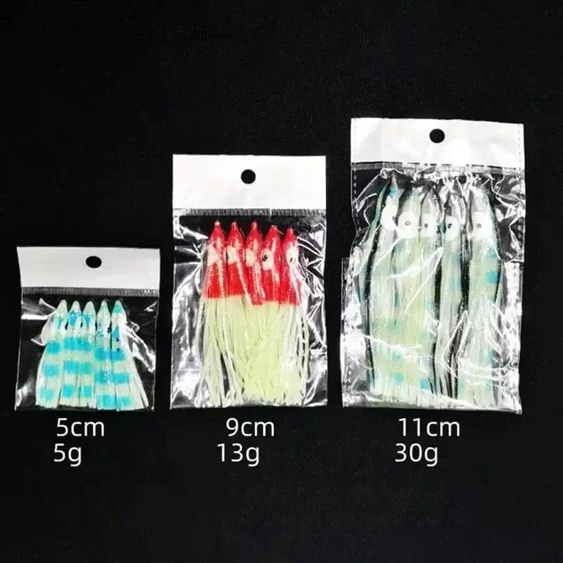 China China 5-pieces Luminous Squid Skirts Soft Lure 5cm/9cm/11cm Artificial Bait Lures Octopus Wobblers Tuna Kingfish Sailfish Marlin Baits