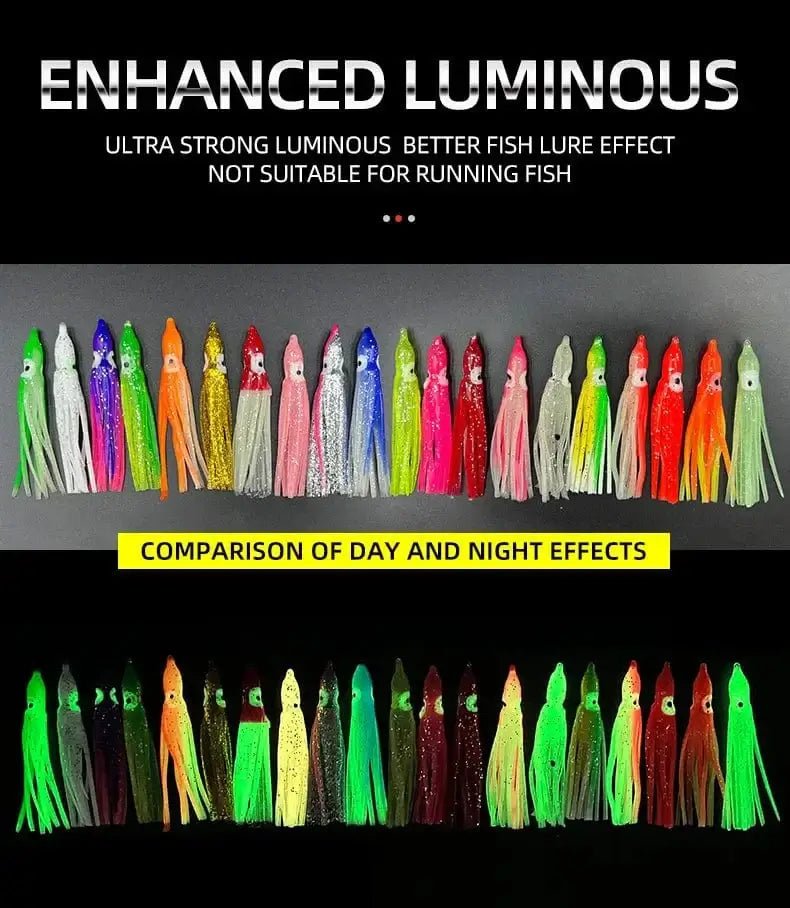 China China 50/100PCS 5-12cm Mixed Color Squid Fishing Lure Luminous Squid Skirt Soft Bait for Sea Bass Salmon Trou 