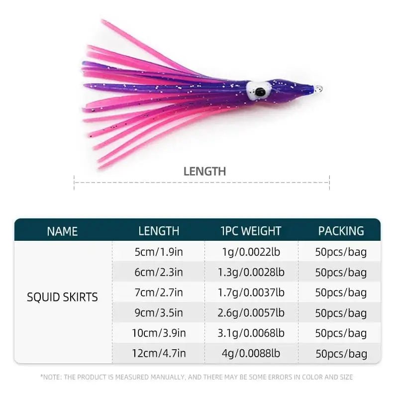 China China 50/100PCS 5-12cm Mixed Color Squid Fishing Lure Luminous Squid Skirt Soft Bait for Sea Bass Salmon Trou 