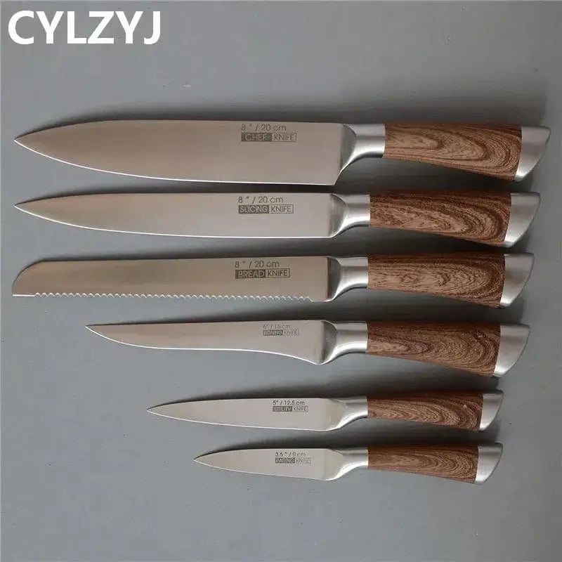 China China 6 Pcs Kitchen Knives Set chef knives sets Stainless Steel Kitchen Knives Scissors Sharpener Chef Slicer Paring Bread Utility Knife