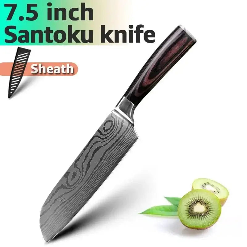 China China 7 in Santoku knife / CHINA Kitchen Knife Damascus Steel Laser Professional Chef Knife 7CR17440C Stainless Steel Meat Cleaver Santoku Slicing Cutter Cooking