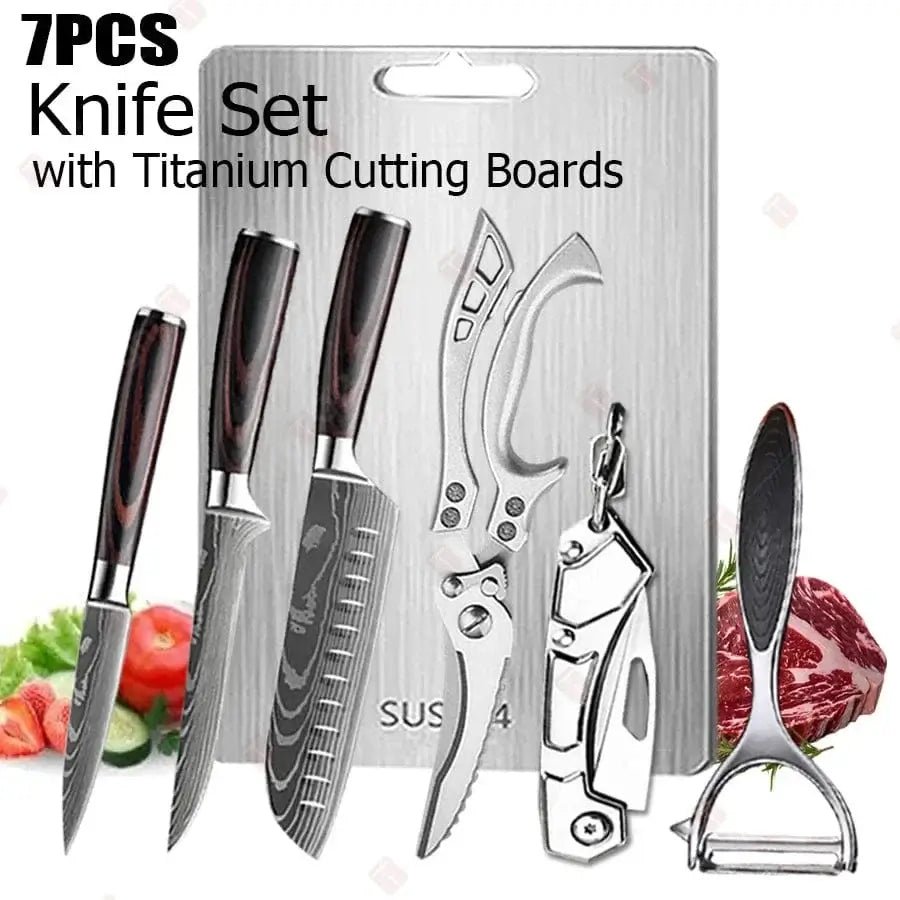 China China 7pcs knife set / 5 inch Damascus Kitchen Knives with Titanium Cutting Board Japanese Santoku Cleaver Stainless Steel Boning Knife Portable Meat Chopping