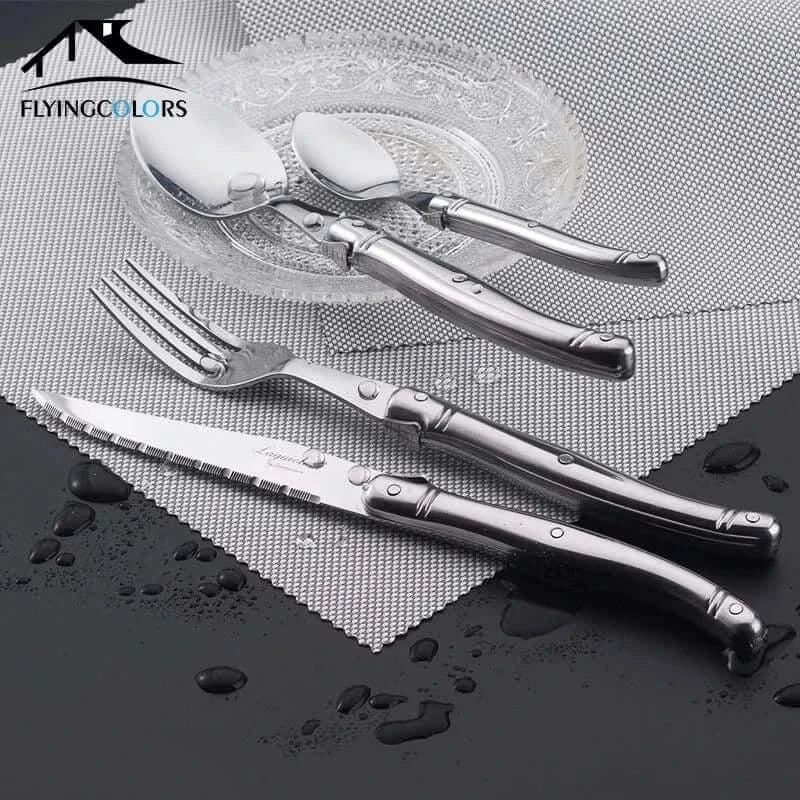 China China 9" Stainless Steel Laguiole Steak Knife set Dinner Fork Spoon Teaspoon Silver Dinnerware Tableware Restaurant Cutlery 4-12pcs