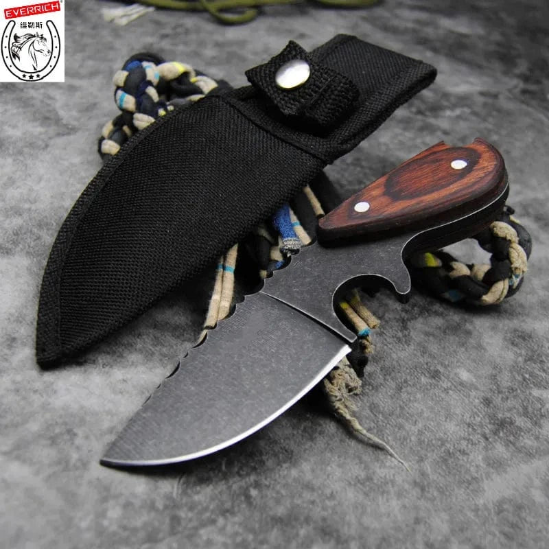 China China baise DEHONG Stone wash D2 steel Japanese straight knife, sandalwood handle outdoor hunting tactics straight knife + knife sleeve