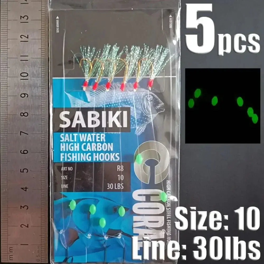 China China blue-10 1Park/5pcs Lunker Sabiki Rigs Hooks Saltwater Fishing Lures Luminous Glow Flash Fishskin Sea Bait Mackerel Pesca Tackle