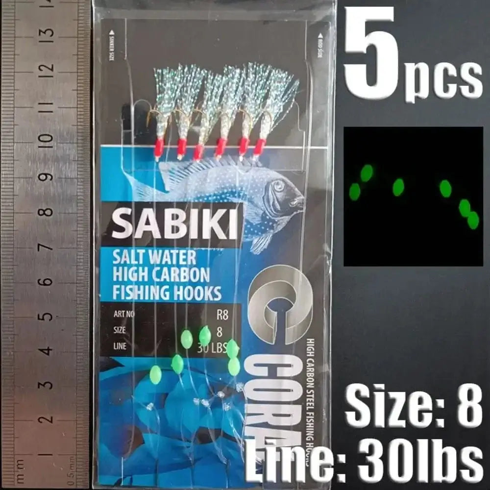 China China blue-8 1Park/5pcs Lunker Sabiki Rigs Hooks Saltwater Fishing Lures Luminous Glow Flash Fishskin Sea Bait Mackerel Pesca Tackle