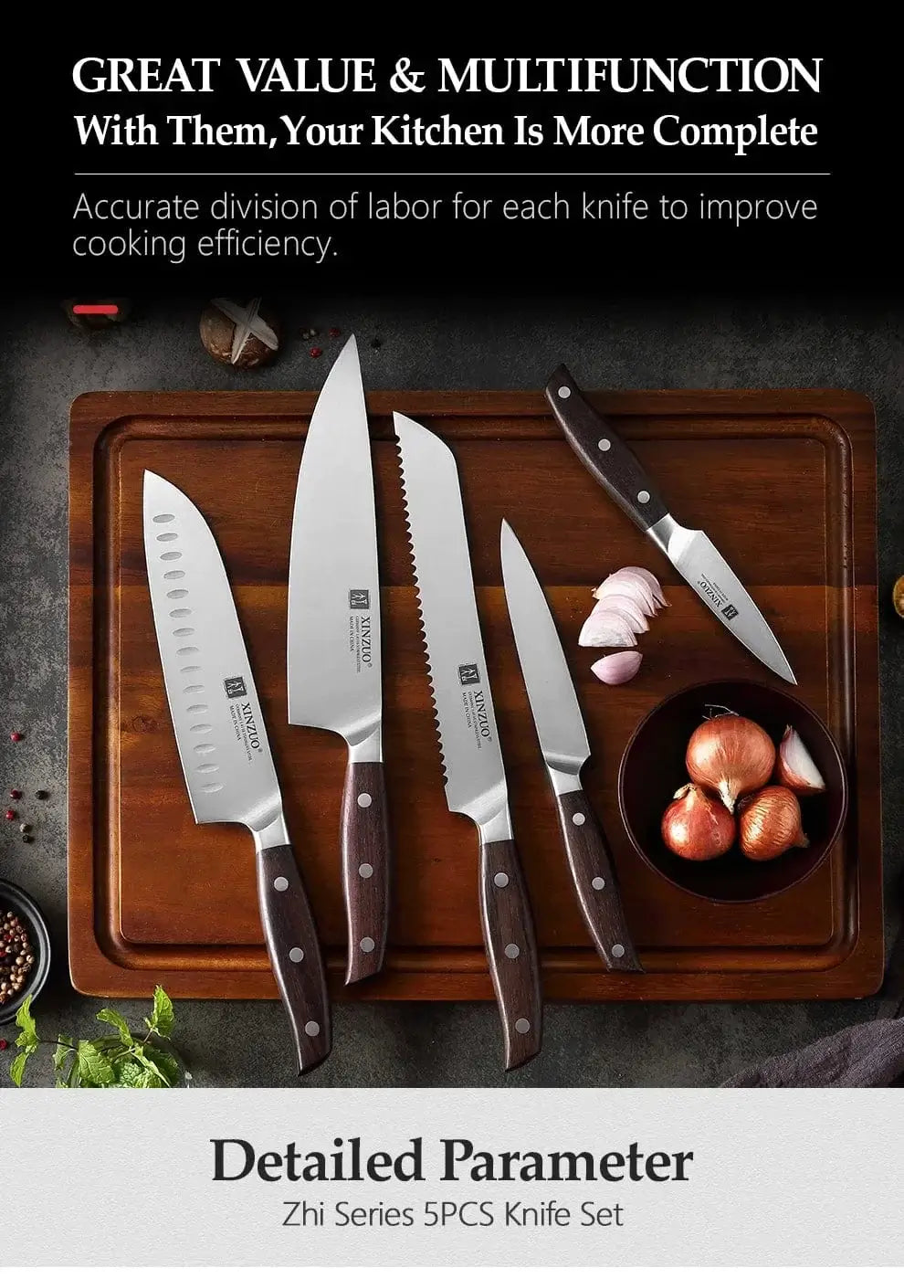 China China CHINA XINZUO High Carbon Germany 1.4116 Stainless Steel 5PCS Kitchen Knife Set High Quality Red Sandalwood Handle Cooking Slicing Tool