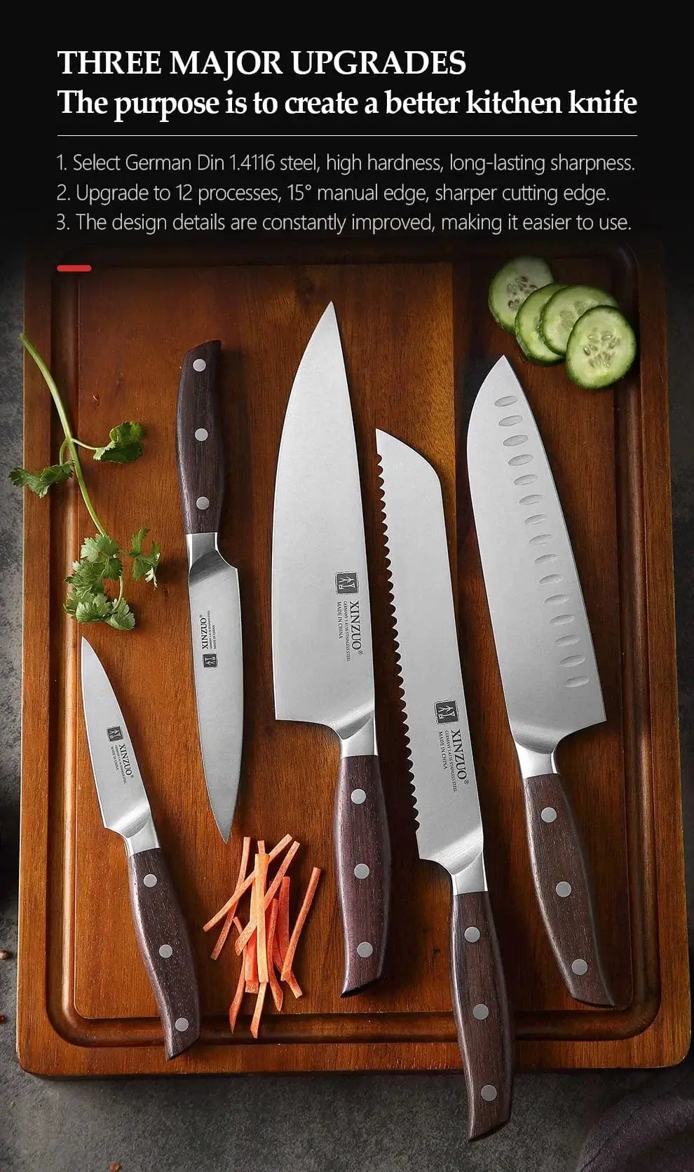 China China CHINA XINZUO High Carbon Germany 1.4116 Stainless Steel 5PCS Kitchen Knife Set High Quality Red Sandalwood Handle Cooking Slicing Tool