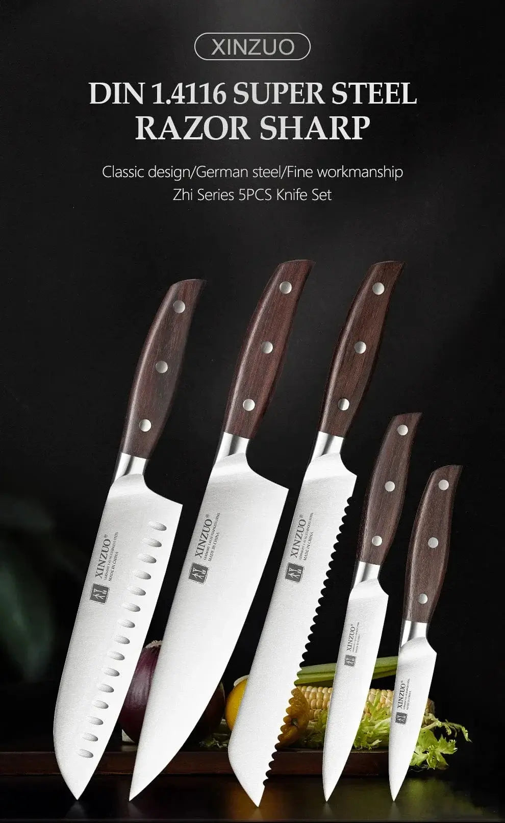 China China CHINA XINZUO High Carbon Germany 1.4116 Stainless Steel 5PCS Kitchen Knife Set High Quality Red Sandalwood Handle Cooking Slicing Tool