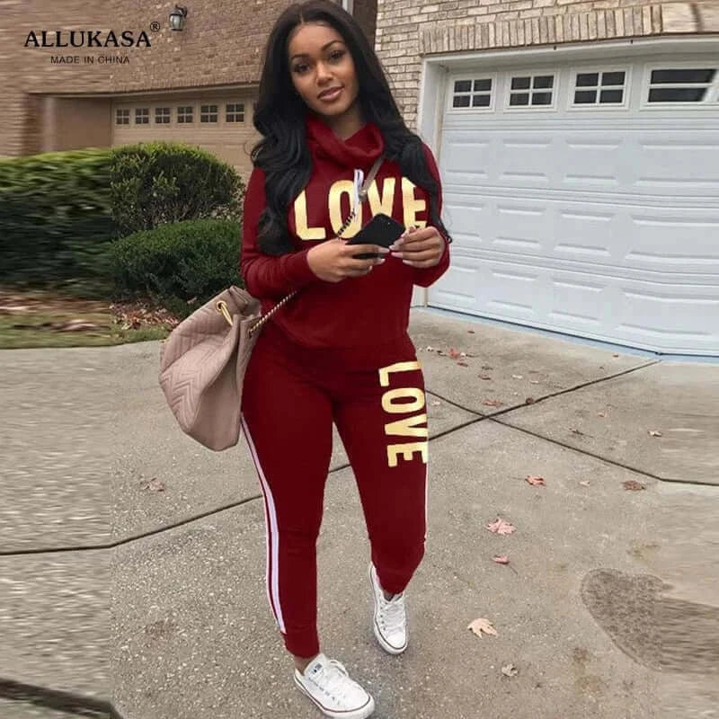 China China Claret / XXL 2 Piece Set Women Outfit LOVE Letter Print High Neck Hoodies Sweatshirt Pants Tracksuit 2022 Plus Size Streetwear Casual Suit
