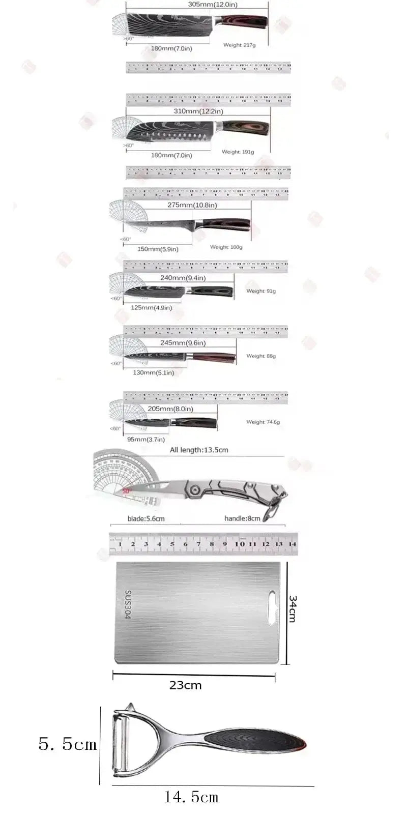 China China Damascus Kitchen Knives with Titanium Cutting Board Japanese Santoku Cleaver Stainless Steel Boning Knife Portable Meat Chopping