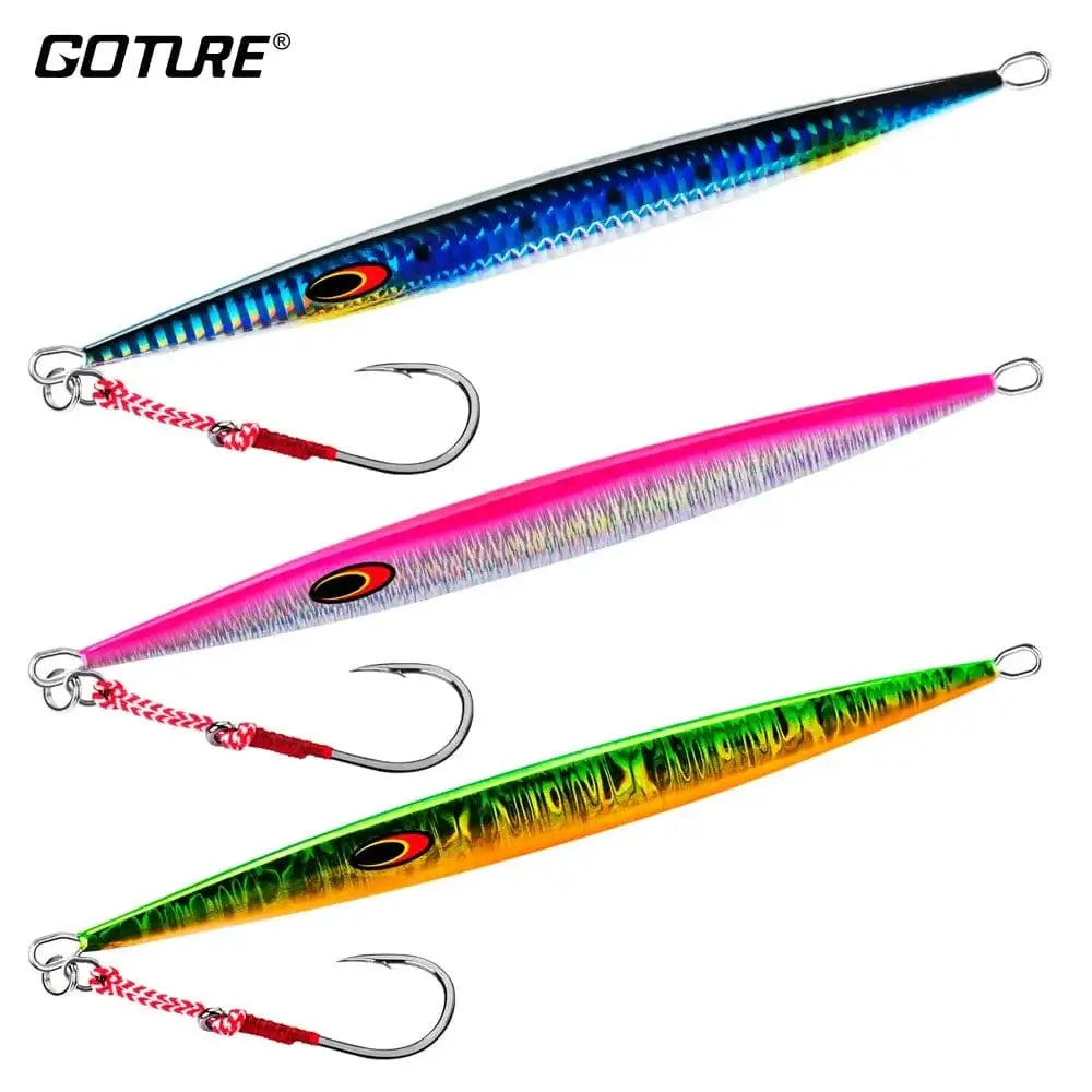 China China Goture 3pcs/lot Saltwater Speed Pitch Jigging Fishing Lure 80g 100g 150g 200g 250g 300g 350g Luminous Metal Jig Spoon 3 Colors