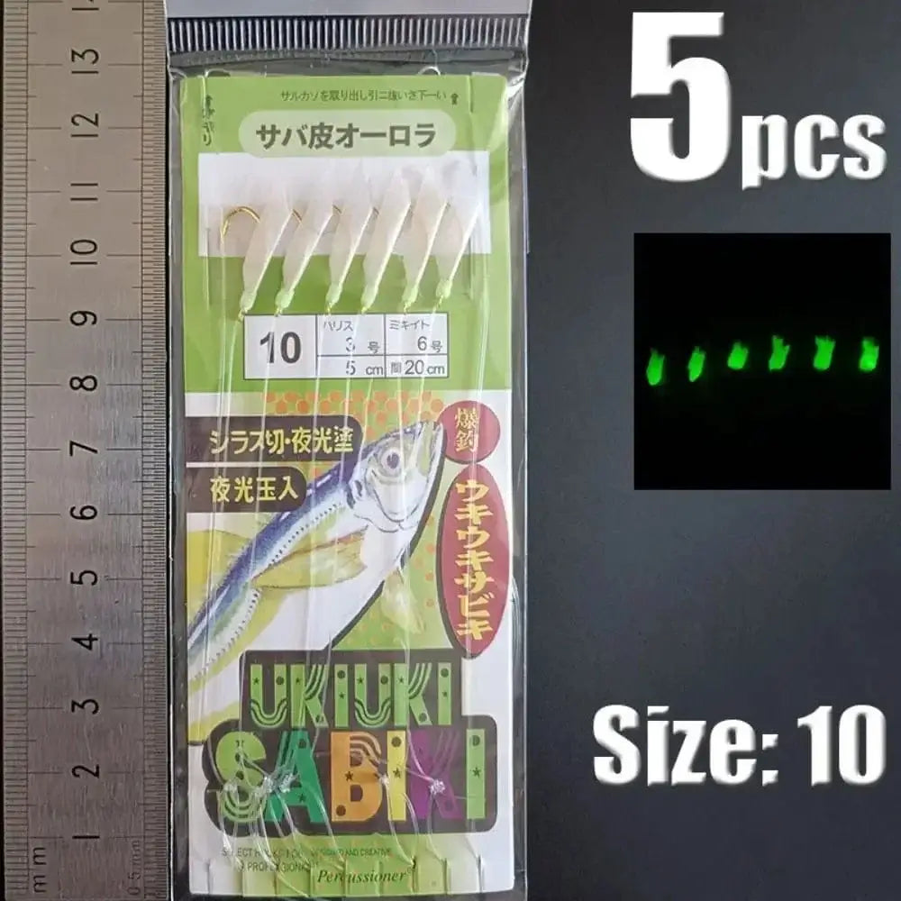 China China green-10 1Park/5pcs Lunker Sabiki Rigs Hooks Saltwater Fishing Lures Luminous Glow Flash Fishskin Sea Bait Mackerel Pesca Tackle