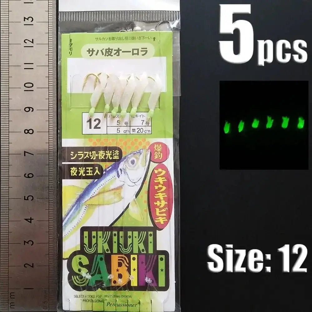 China China green-12 1Park/5pcs Lunker Sabiki Rigs Hooks Saltwater Fishing Lures Luminous Glow Flash Fishskin Sea Bait Mackerel Pesca Tackle