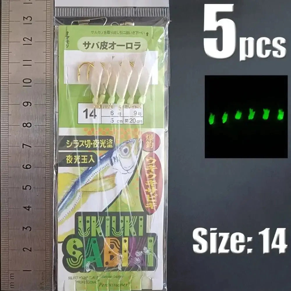 China China green-14 1Park/5pcs Lunker Sabiki Rigs Hooks Saltwater Fishing Lures Luminous Glow Flash Fishskin Sea Bait Mackerel Pesca Tackle