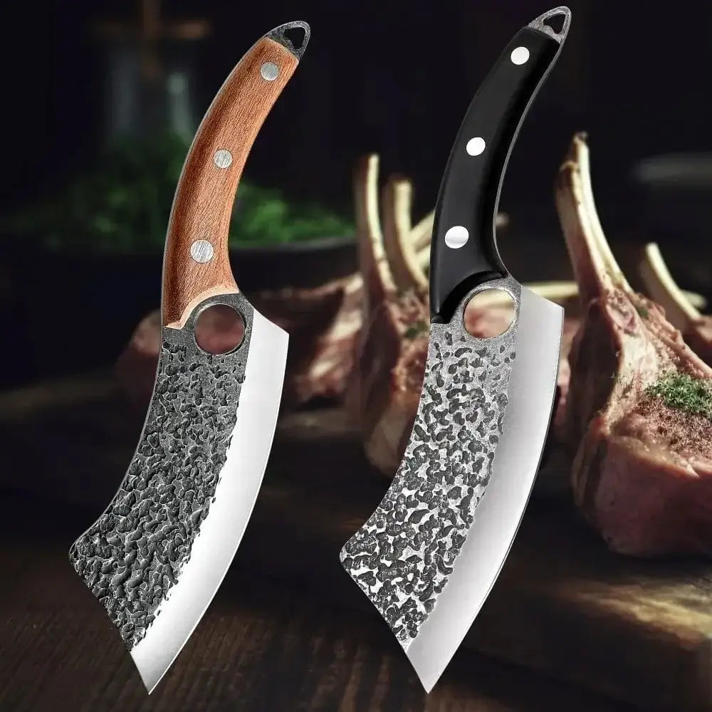 China China High Carbon Steel Butcher Knives KnifeHand-forged Hammered Meat Cleaver With Finger Ring Meat Cleaver Boning Viking Chef Knife