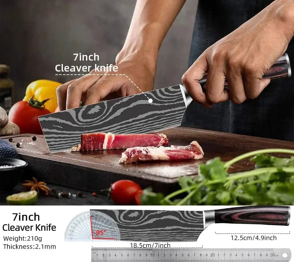 China China Kitchen Knife Damascus Steel Laser Professional Chef Knife 7CR17440C Stainless Steel Meat Cleaver Santoku Slicing Cutter Cooking